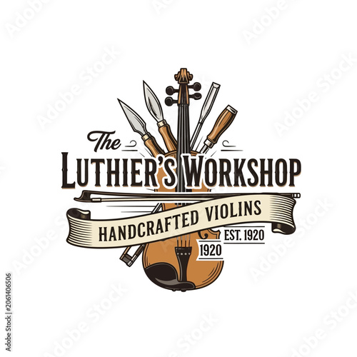 Obraz na plátně The Luthier's Workshop vintage logo with violin tools and a handcrafted string instrument illustration