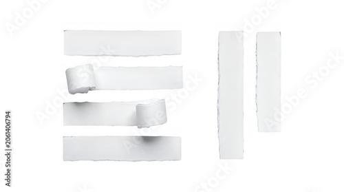 Torn paper strips and rolls with burnt edges on white background