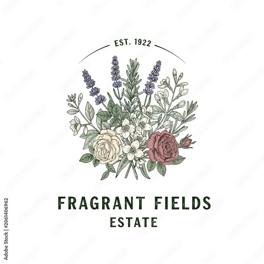 Fototapeta premium Vintage botanical logo for Fragrant Fields Estate featuring hand drawn roses lavender and herbs on white background