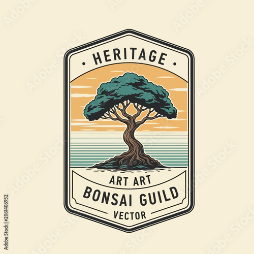 Fotografie Vintage bonsai guild art logo emblem featuring a miniature tree against a sunset background