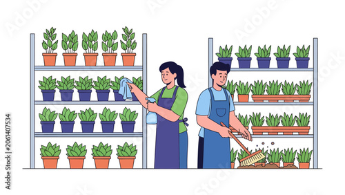 Billede på lærred Nursery Employees Tending Plants: Two attentive nursery employees, a woman dusting leaves and a man sweeping the floor, diligently care for rows of potted plants displayed on shelving units