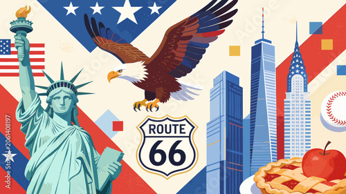 Photos Iconic American Symbols: Statue of Liberty, Bald Eagle, Skyscrapers, Route 66, and Apple Pie