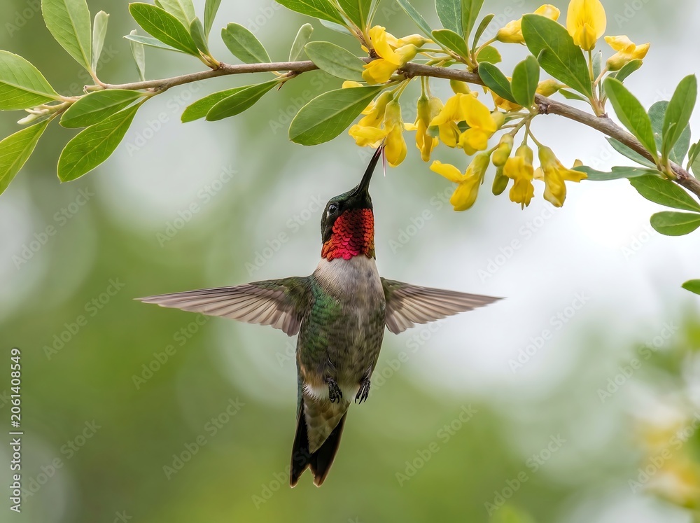 Obraz premium Hummingbird feeding from yellow flowers with green leaves