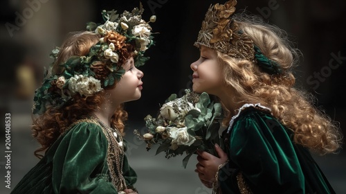 Europe medieval lifestyle. A portrait of two young girls, likely sisters, dressed in periodappropriate attire. The girl on the left wears a floral crown of white roses and green leaves.