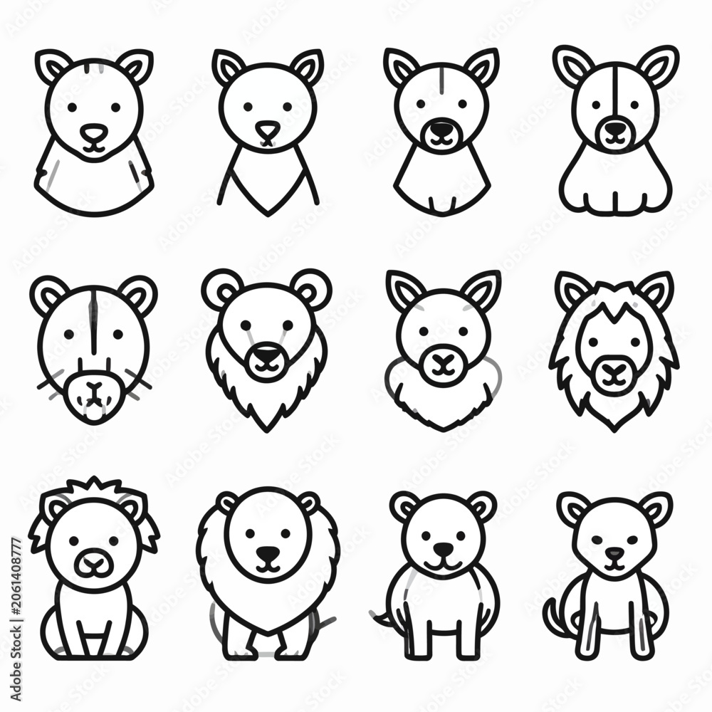 Obraz premium Set of cute animal icons in minimalist line art style including lions tigers bears and cats for logo design.