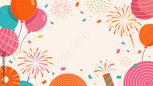 Tableau sur toile A vibrant festive background with colorful balloons, exploding fireworks, and scattered confetti, perfect for celebrations and parties