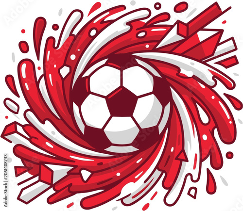 Vibrant illustration of a soccer ball surrounded by swirling red and white streaks, celebrating Worldcup with dynamic motion and energetic mood.
