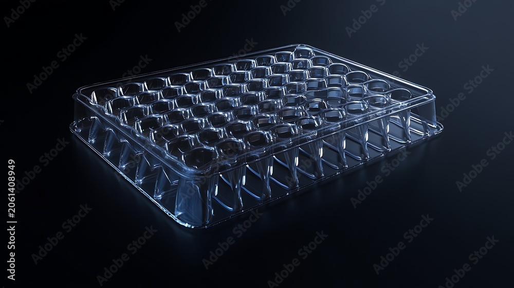 Fototapeta premium 3D Rendering of DNA Gel Electrophoresis Tray with Blue Glowing Bands in Dark Laboratory Setting