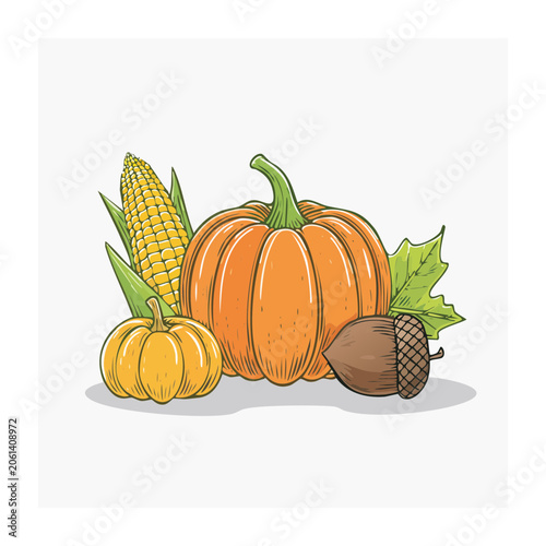 Autumn Harvest Illustration with Pumpkins and Corn