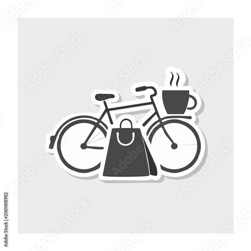 Bicycle with coffee cup and shopping bag icon