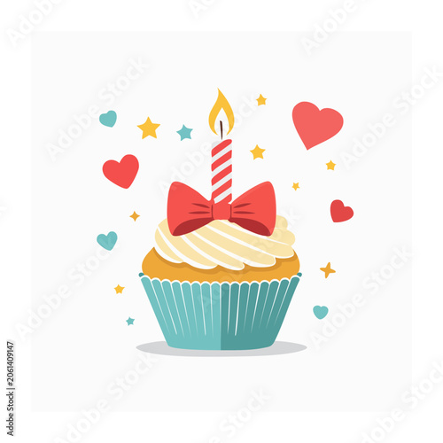 Birthday Cupcake with Candle and Bow Illustration
