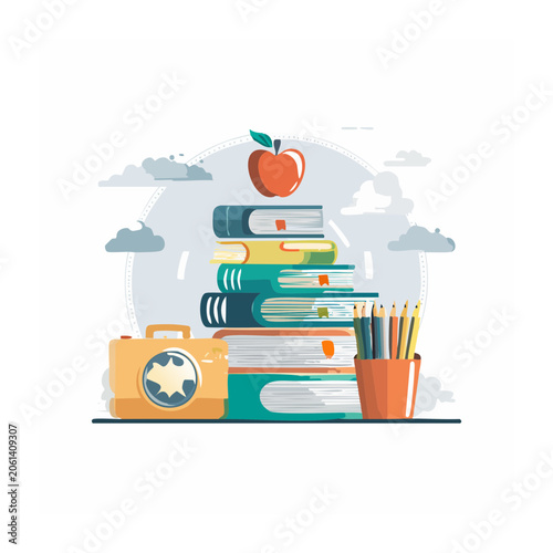 Flat design illustration of books, apple, and school supplies