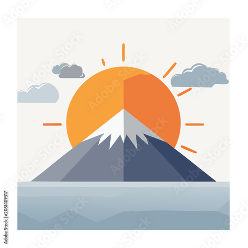 Flat design illustration of mountain and sun over water