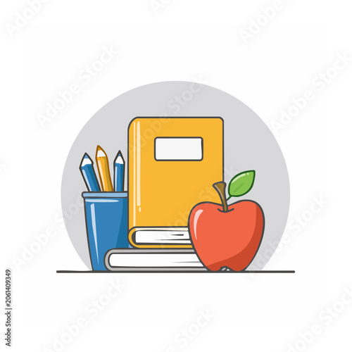 Flat design illustration of school supplies with apple and books