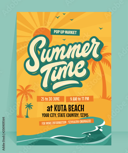 Summer Time Pop Up Market Beach Festival Flyer Vector Illustration