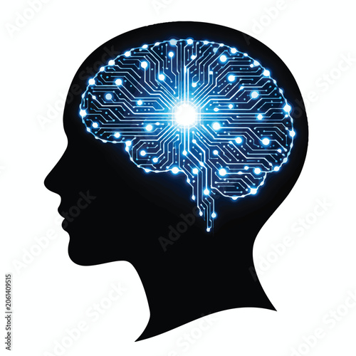 Silhouette of human head profile with glowing AI brain circuit patterns inside