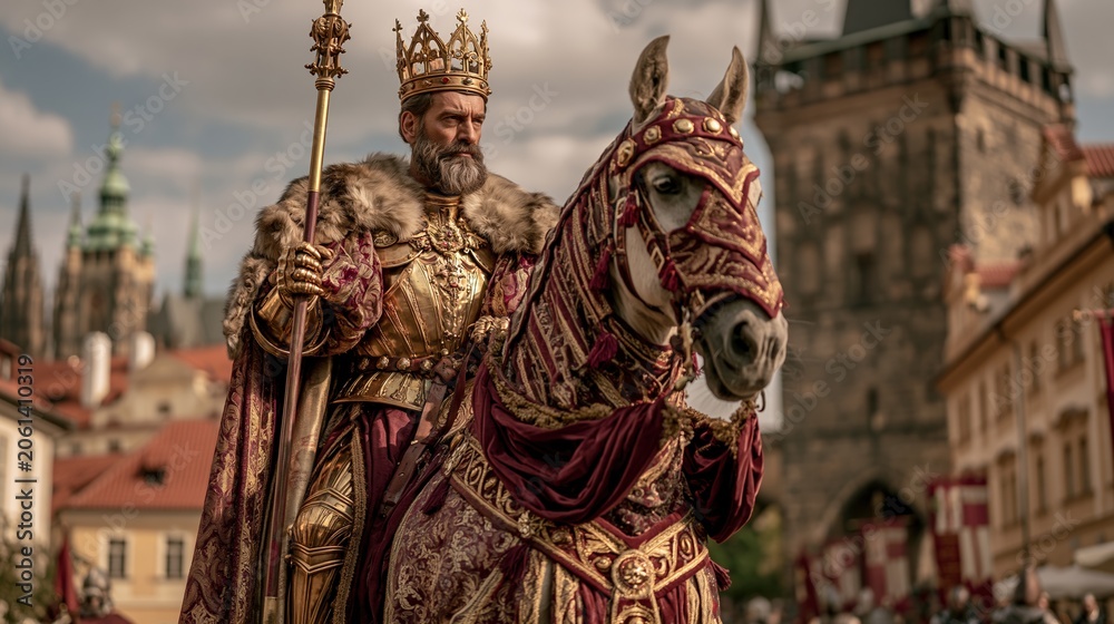 Fototapeta premium Europe medieval lifestyle. A vivid portrayal of a regal figure, likely a king or nobleman, riding a horse. The figure wears ornate gold and burgundy robes with intricate patterns and designs.