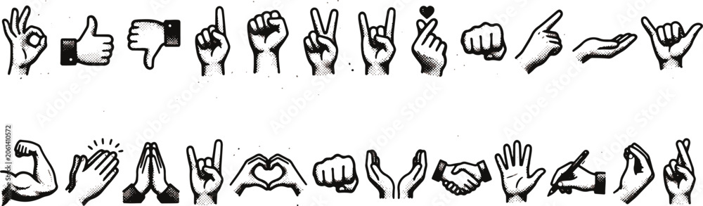 Fototapeta premium Black and white line art hand gestures set showing communication symbols like thumbs up heart peace and prayer vector illustration