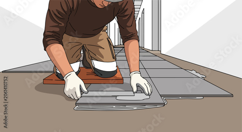 Builder laying tiles on floor