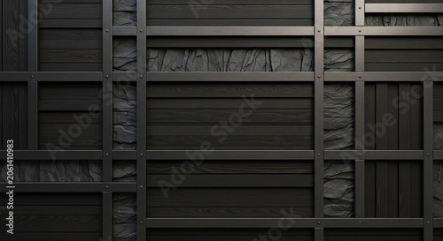 A dark wall panel or fence made of black wooden planks arranged in a geometric, grid-like abstract pattern