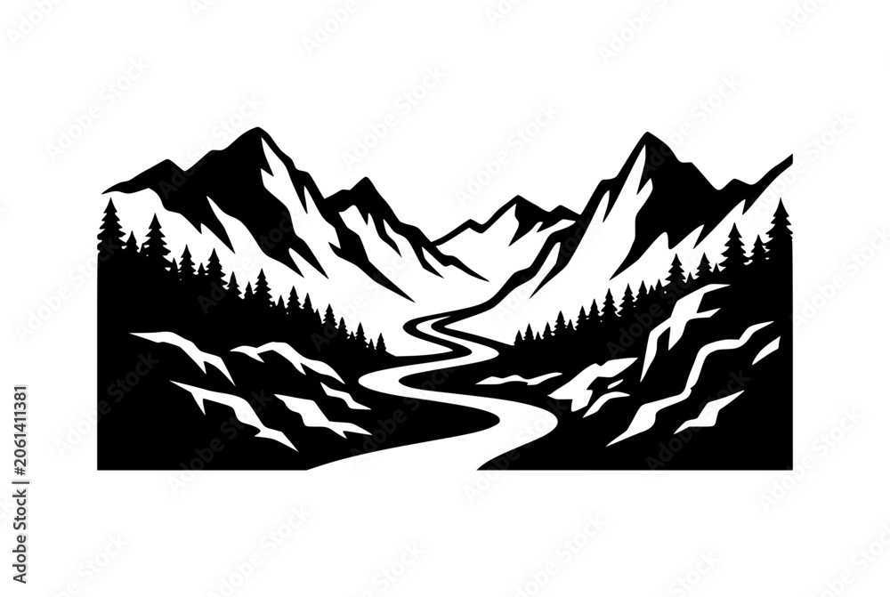 Fototapeta premium Mountain landscape silhouette with winding river and pine forest vector