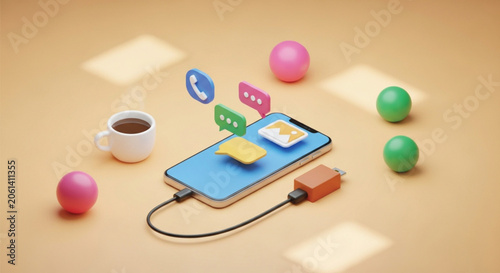3d rendering of smartphone charging with usb cable while displaying various app icons and surrounded by everyday objects.