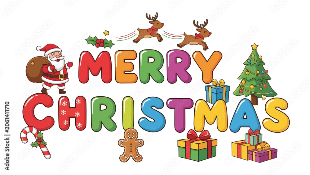 Naklejka premium Merry Christmas Greeting Card: A festive and colorful illustration of a Christmas scene featuring Santa Claus, reindeer, a Christmas tree, gift boxes, candy canes, and gingerbread man.