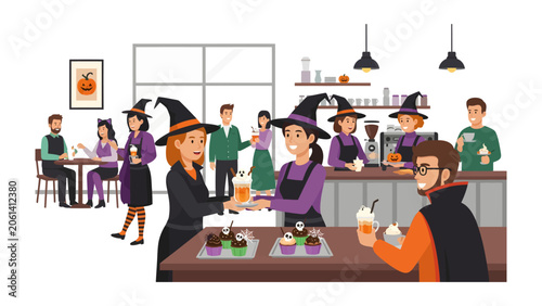 Fotografie Halloween Coffee Shop Atmosphere: Witches in pointy hats serve festive Halloween treats and drinks to patrons in a cozy coffee shop, creating a magical and spirited ambiance