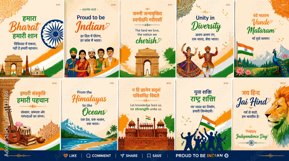 Naklejka premium A vibrant collection of Indian Independence Day themed social media posts featuring diverse cultural symbols and patriotic messages.