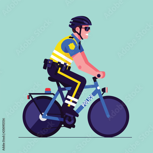 Flat illustration of a smiling police officer on a bicycle