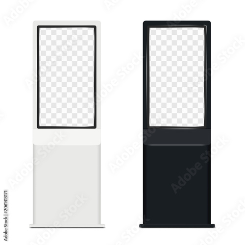 Touch screen self-service digital kiosk isolated. White, black. 3d mockup. Floor interactive display stand. Touchscreen LED LCD monitor panel. Realistic vector mock-up. Template for design