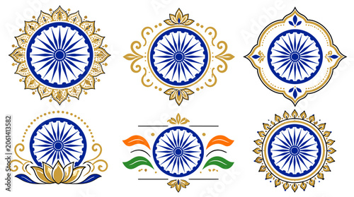 Bild auf Leinwand Collection of six decorative Indian Ashoka Chakra emblems with intricate golden borders and floral motifs, symbolizing national pride and heritage