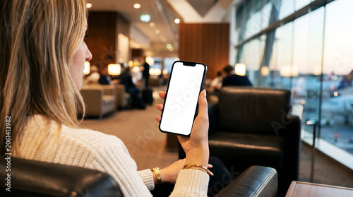 Hand holding mobile phone with blank white screen mockup, woman sitting in airport lounge, browsing travel apps or checking flight itinerary while waiting for departure, lifestyle.
