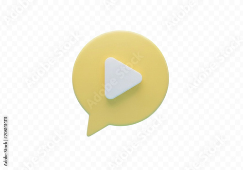 Yellow speech bubble icon with white play button inside symbolizing video, start, or playback action on white background.