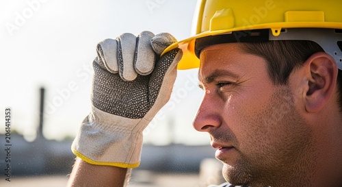 Construction worker wiping sweat during heatwave
