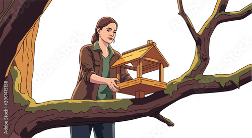 Woman places bird feeder on a tree branch