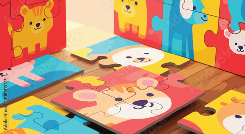 Cute animal puzzle pieces on wood