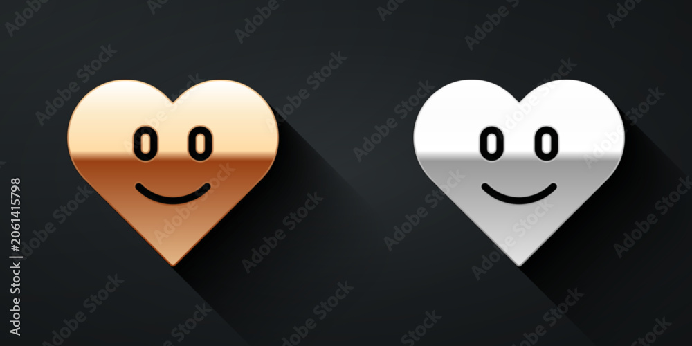 Fototapeta premium Gold and silver Heart icon isolated on black background. Romantic symbol linked, join, passion and wedding. Happy Valentines day. Long shadow style. Vector