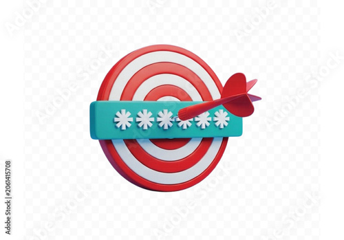 3d illustration of a dart hitting a target with a password field, representing concepts like security, accuracy, password protection, and digital targeting.