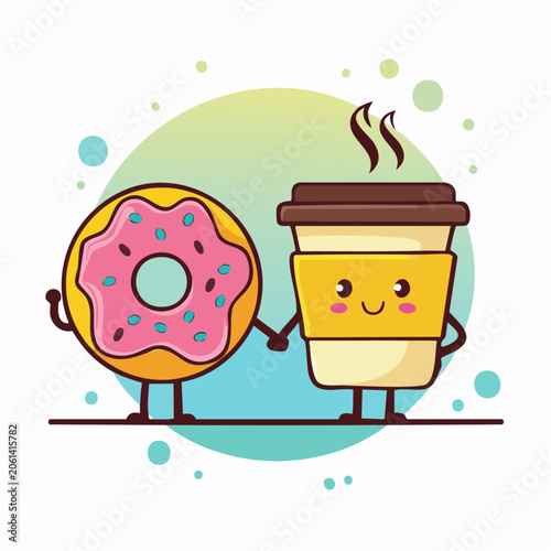 Cute Kawaii Donut and Coffee Cup Holding Hands