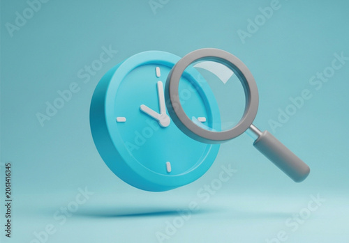 3d illustration of a blue clock with a magnifying glass, symbolizing concepts such as time management, scheduling, meticulous planning, and deadline monitoring.