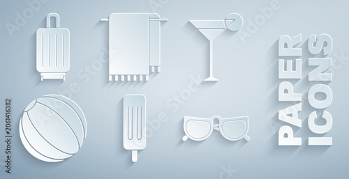 Set Ice cream, Martini glass, Beach ball, Glasses, Towel on hanger and Suitcase icon. Vector