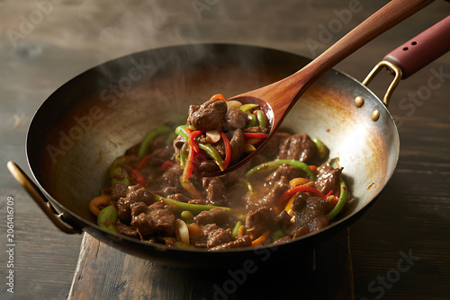Asian Stir Fry Beef and Vegetables Cooking in Wok