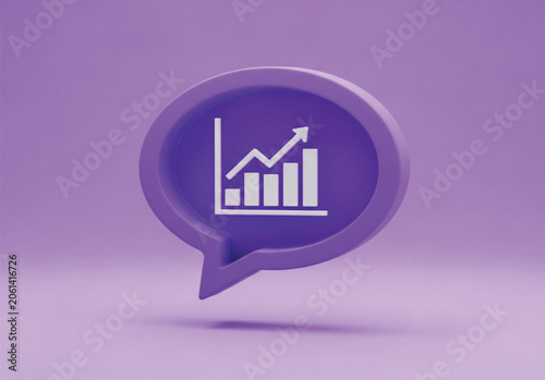 3d illustration of a purple speech bubble with a rising bar graph, symbolizing business growth, financial success, market analysis, and positive trends.