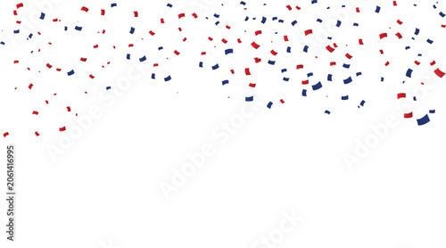 Patriotic red and blue confetti falling isolated on white background; festive American USA vector frame border illustration for 4th of July Independence Day party and copy space