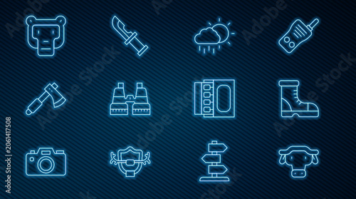 Photography Set line African buffalo head, Hunter boots, Cloud with rain, Binoculars, Wooden axe, Monkey, Matchbox and matches and knife icon