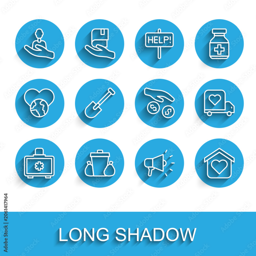 Fototapeta premium Set line First aid kit, Trash can, Caring for people, Megaphone, Shelter homeless, Shovel, Delivery truck with heart and Donation and charity icon. Vector