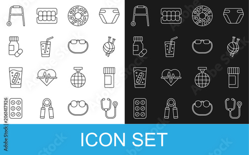 Set line Stethoscope, Medicine bottle and pills, Yarn ball with knitting needles, Vitamin, Glass water, Walker and Eyeglasses icon. Vector