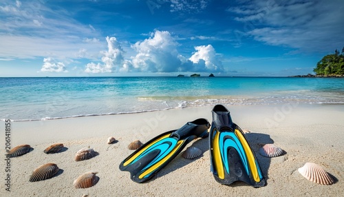 two swim fins resting on a sandy beach with seashells clear blue ocean and soft clouds in the background evoking a sense of vacation and adventure