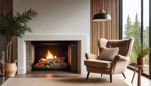 cozy living room with a fireplace and armchair